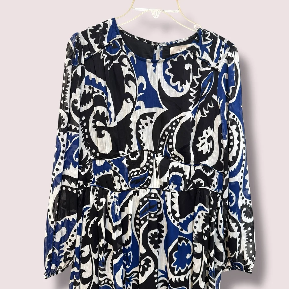 Loft Paisley Shirred Flounce Long Sleeve Midi Dress Tiered Blue White Size 8